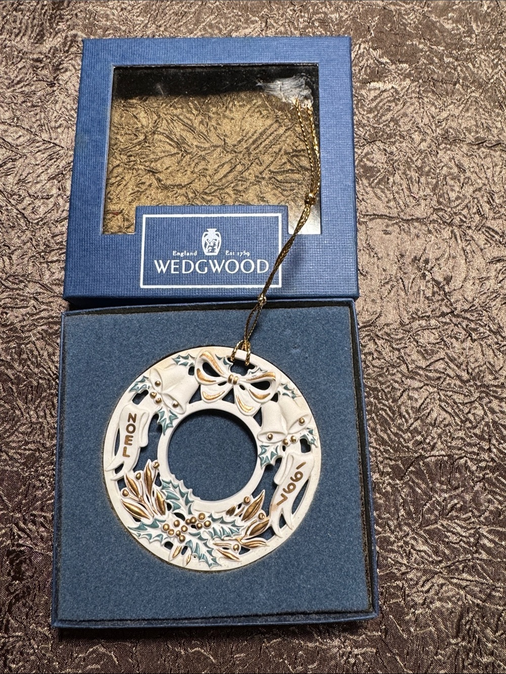 Wedgwood White & Gold Porcelain Wreath Ornament with Green Holly Accents